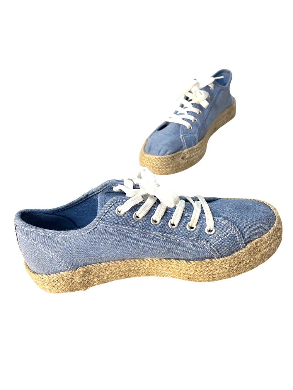 Serra Light Blue Chambray Canvas Lace Up Espadrille Platform Sneakers, Size 9